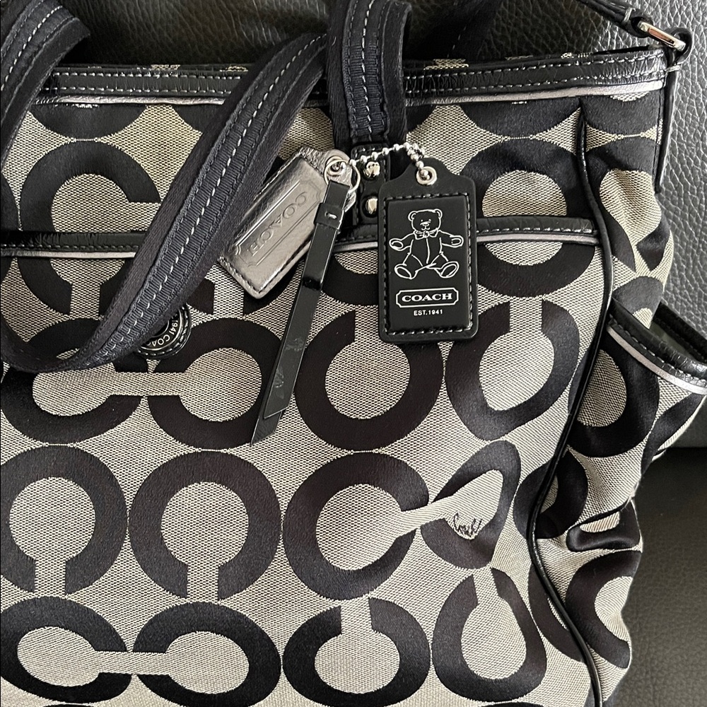 Coach Poppy OPTIC RareTeddy Bear Black and Gray Patterned Diaper Bag -Tote
